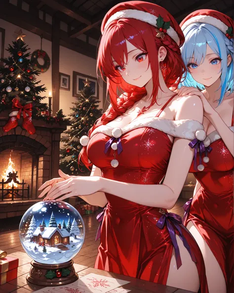 Front angle, close-up, (Masterpiece, 4K, ultra-detailed, vivid and vibrant colors), {Jazzy}: (a beautiful and attractive woman with long red hair with blue streaks and blue eyes, with large breasts, wearing a red hat with a white pompom on the tip, which f...