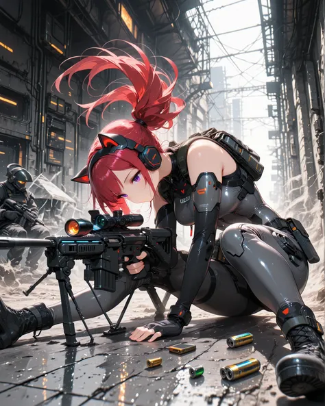 Side angle, (masterpiece, 4K, ultra-detailed, vivid and vibrant colors), {Jessy}: (a beautiful and attractive woman with long red hair and violet eyes, wearing a tight-fitting stealth tactical suit with a futuristic military aesthetic and a black headband,...