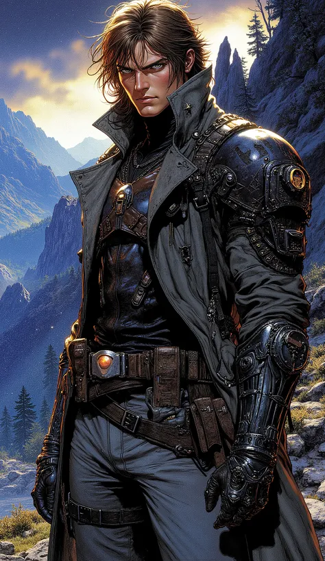 A masterpiece of mature anime illustration, presenting a fantasy punk adventurer with high-fidelity detail and atmospheric lighting. The character is a handsome male with sleek, medium-length chestnut brown hair, side-parted bangs naturally draping to cast...