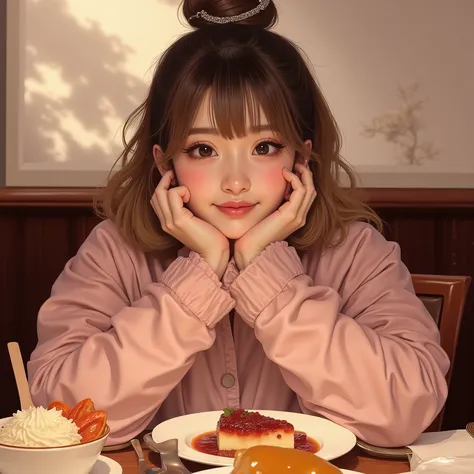 {realistic illustration style, high-contrast}, {overall bright, warm color scheme, featuring dark brown and dark pink}, {a scene from a modern restaurant in an urban youth district, with many delicacies on the table, especially rich stews and sweet cakes},...