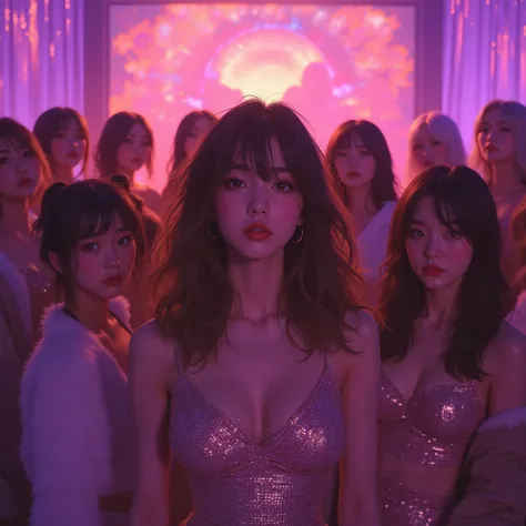 {realistic illustration, anime-inspired style, matte painting, blur effects, overall warm color scheme, featuring pale light purple and pale light orange}, {a scene in a photography studio, dim lit}, {young-aged Asian female groups, nine cute women, fashio...