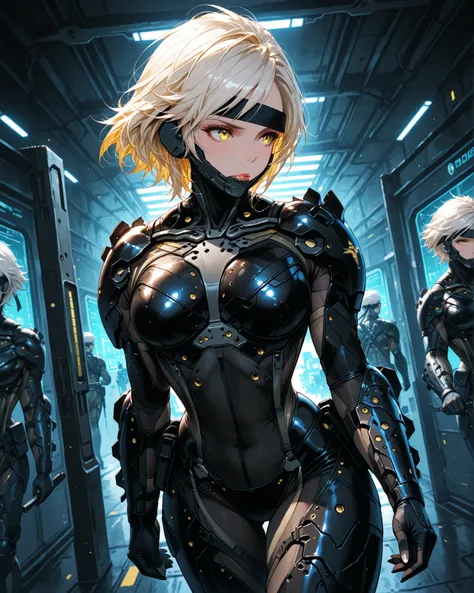 Front angle, (masterpiece, 4K, ultra-detailed, vivid and vibrant colors), {A}: (a beautiful and attractive woman with short white hair with blonde streaks and completely yellow eyes, wearing a tight-fitting stealth tactical suit with futuristic military ae...