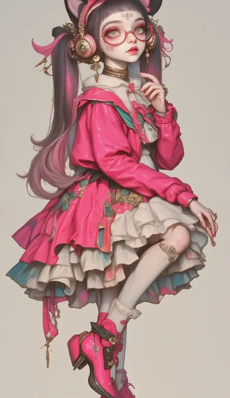 anime style ,   she is half profile  , ((General shot of a naked woman   . An elegant and delicate cartoon that slightly exaggerates hyperrealistic features :1.52, A woman wearing an Alicia  ,  wears a tight pink body and a short pink jacket with long slee...