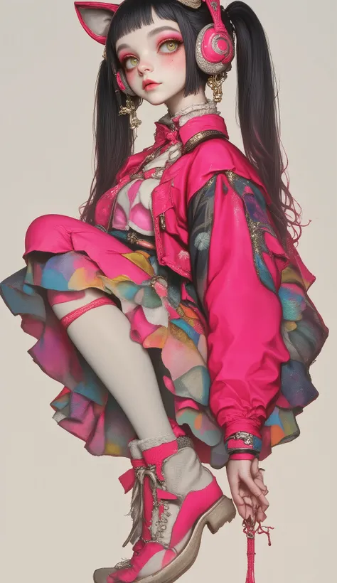 centered image:1.5, anime style ,  she is half profile  , ((General shot of a naked woman  . An elegant and delicate cartoon that slightly exaggerates hyperrealistic features :1.4, A woman wearing an Alicia  , wears a tight pink body and a short pink jacke...