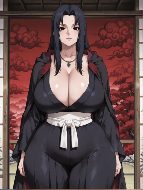 uchiha_mikoto, mature female, black eyes, black hair, parted bangs, sidelocks, long hair, thick thighs, wide hips, big breasts. Akatsuki cloak, long cloak, black cloak, decorated with red clouds with white edges, long sleeves, cleavage, jewelry, japanese c...