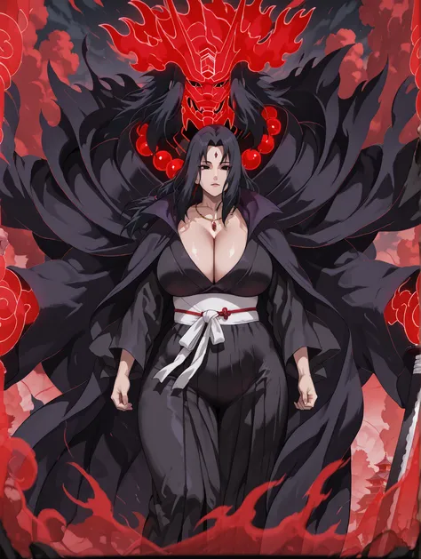 uchiha_mikoto, mature female, black eyes, black hair, parted bangs, sidelocks, long hair, thick thighs, wide hips, big breasts. Akatsuki cloak, long cloak, black cloak, decorated with red clouds with white edges, long sleeves, cleavage, jewelry, japanese c...