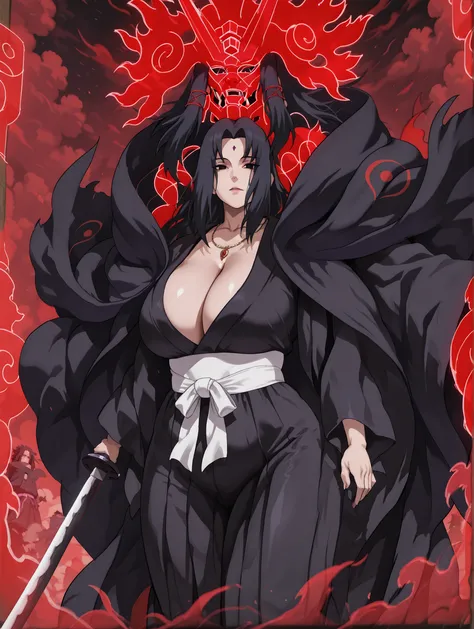 uchiha_mikoto, mature female, black eyes, black hair, parted bangs, sidelocks, long hair, thick thighs, wide hips, big breasts. Akatsuki cloak, long cloak, black cloak, decorated with red clouds with white edges, long sleeves, cleavage, jewelry, japanese c...