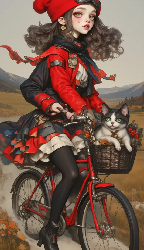  anatomically correct  ,  My Journey with a Cat  ,  Beautiful full bodied girl  ,    he rides a bicycle with a basket and a cat inside the basket :1.5, ((manga style:1.51)), Linear   ,   she is half profile   ,  warm outerwear , Long black boots,    it's c...