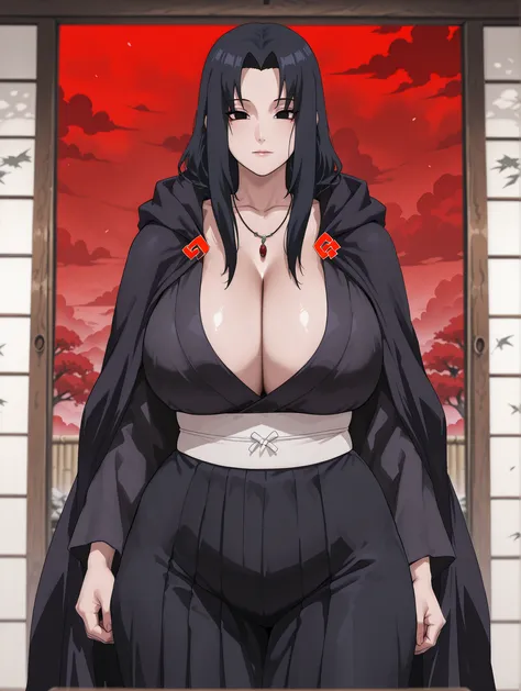 S2Z0n1c21.5XL style,uchiha_mikoto, mature female, black eyes, black hair, parted bangs, sidelocks, long hair, thick thighs, wide hips, large breasts. Akatsuki cloak, long cloak, black cloak, decorated with red clouds with white edges, long sleeves, cleavag...
