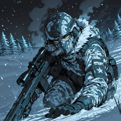 Masterpiece, ultra-detailed, cinematic action, tactical soldier crawling in snow camouflage, deep winter mountain range, vertical slit pupils visible through scope, thick steam breath, harsh cold lighting, dramatic motion blur on falling snow, sharp focus ...