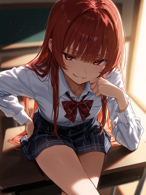  high resolution image , masterpiece, top quality, great quality, absurdres,ultra detailed,8K,volumetric lighting, depth of field, 1girl, small breasts, long hair, straight bangs, red hair, red eyes, school uniform, sitting in table, crossed legs, leaning ...