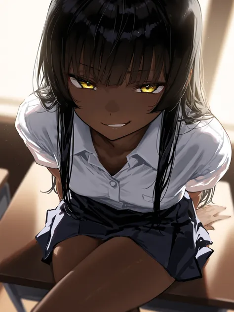  high resolution image , masterpiece, top quality, great quality, absurdres,ultra detailed,8K,volumetric lighting, depth of field, 1girl, small breasts, long hair, straight bangs, black hair, yellow eyes, brown skin, school uniform, sitting in table, cross...