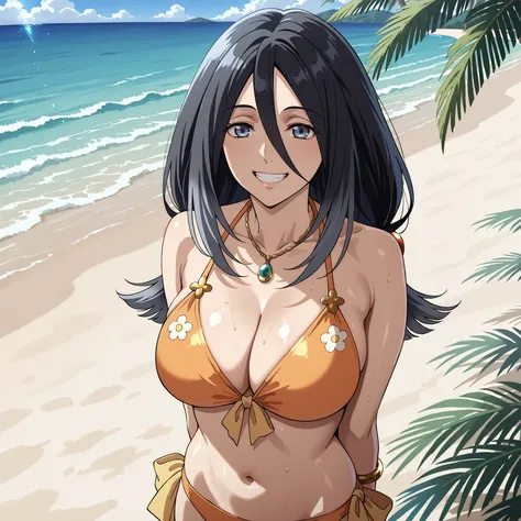 Shildina, black-haired woman with hair between the eyes and deep blue eyes, Clear and smooth skin. smile showing teeth, hands behind his back. She wears an orange bikini with a flower design, drops of water run through your skin, highlighting her curvaceou...