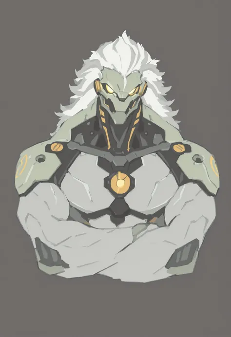 masterpiece, best quality, amazing quality, very aesthetic, 1 man, dnd warforged, fantasy, bicolor hair, grey hair, white hair, detailed musculature, mechanical parts, chest arms and legs coverd by scaly armor, balanced yet muscular physique, detailed musc...