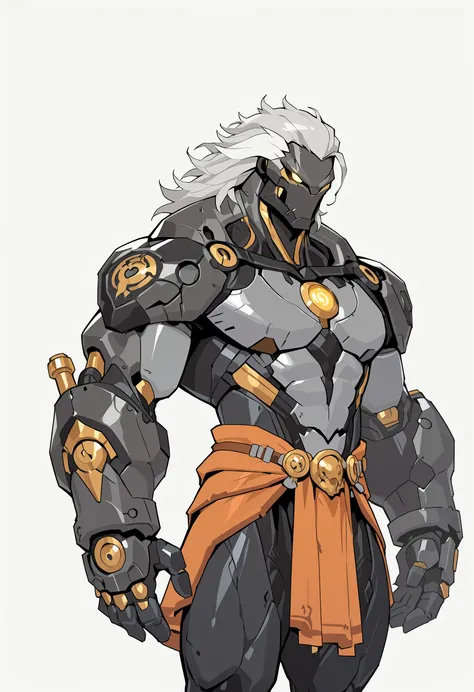 masterpiece, best quality, amazing quality, very aesthetic, 1 man, dnd warforged, fantasy, bicolor hair, grey hair, white hair, detailed musculature, mechanical muscles, balanced yet muscular physique, detailed muscles, thick arms and legs, wide chest, bla...
