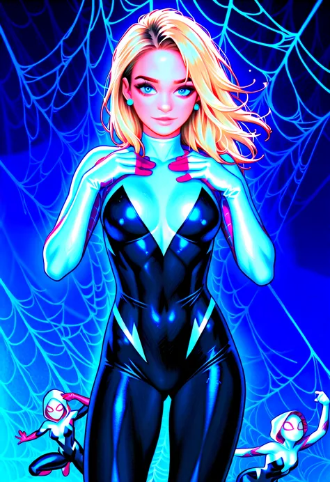 spider - woman with blue eyes and red and black costume, gwen stacy, spider gwen, betty cooper, ( ( spiderwoman ) ), spiderwoman!!, spider-gwen, spider - gwen, spider - verse art style, spider woman, spiderwoman!!!!!, vibrant fan art, artgerm colorful!!!, ...
