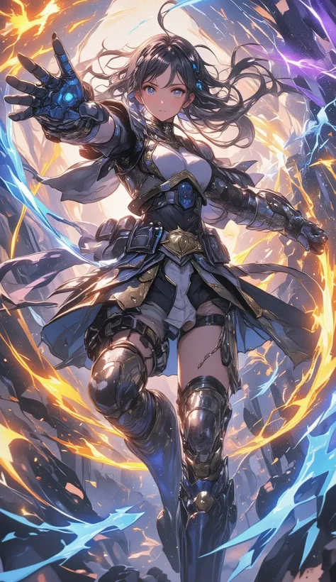 gear、gear、gear、黒い背景にgearとネジ、Lots of precise parts、High Quality、high image quality、female adventurer wearing a giant knuckle guard、Knuckle guard made with precision parts、does a straight punch、Dynamic composition、shows the whole body、Accurate Body Structure...