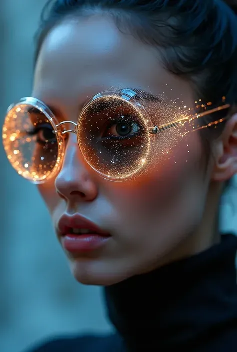 The model is wearing glass sunglasses with stars and the moon on the glass