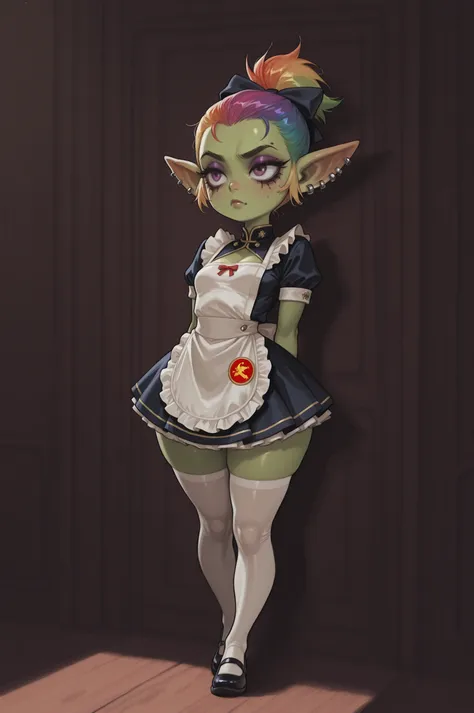 female punk, rainbow colors hair, very short hair, black eye , facial piercings, eye makeup, small breasts, meduim hips, (goblin girl:1.0) (shortstack:1.0) (green skin:1.0) (pointy ears:1.0) (wide hips:1.0)| score_9, score_8_up, score_7_up, score_6_up, sco...