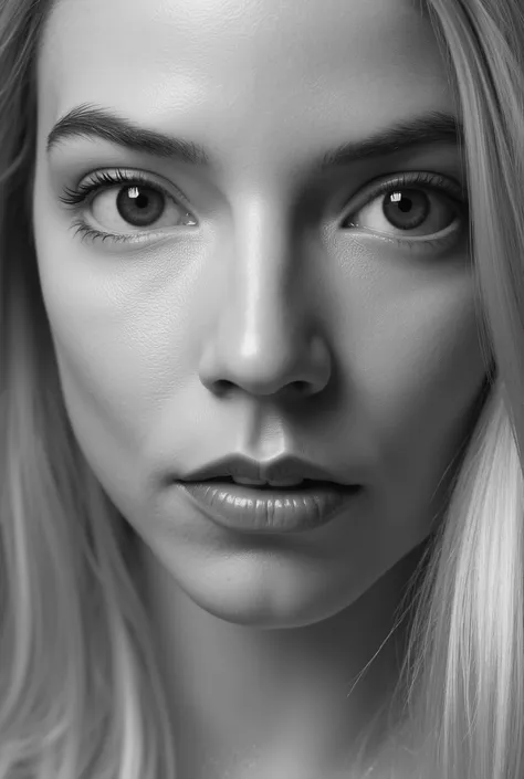 close-up black and white portrait of a blonde girl, detailed perfect face, perfect face model, longer eyebrows, finely detailed perfect face, thick eyebrows, large bushy eyebrows, perfect face, straight eyebrows, close-up perfect face, clean beautiful symm...