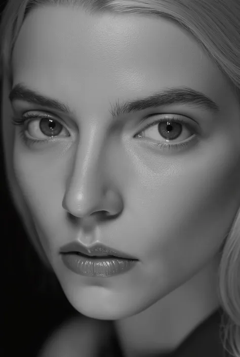 close-up black and white portrait of a blonde girl, detailed perfect face, perfect face model, longer eyebrows, finely detailed perfect face, thick eyebrows, large bushy eyebrows, perfect face, straight eyebrows, close-up perfect face, clean beautiful symm...