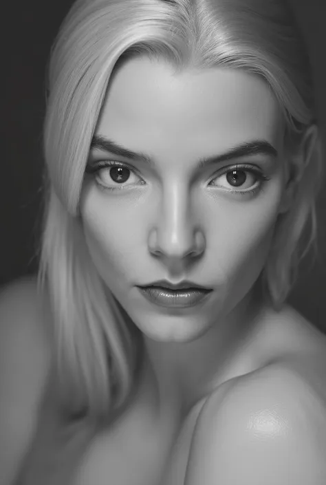 close-up black and white portrait of a blonde girl, detailed perfect face, perfect face model, longer eyebrows, finely detailed perfect face, thick eyebrows, large bushy eyebrows, perfect face, straight eyebrows, close-up perfect face, clean beautiful symm...