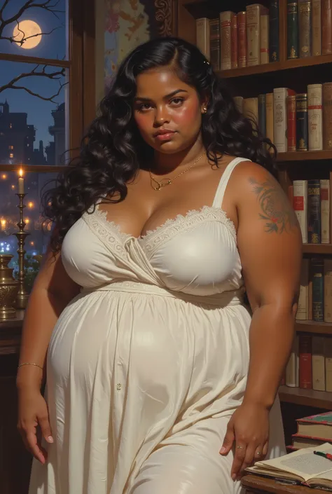 fat big large overweight heavy feminine beautiful young woman with chubby face dark brown tan tanned skin color and black eyes, (((long black curly side-parted hair))), (((black hair))), (((brown skin))), (((brown-skinned))), (((dark brown skin))), (((brow...