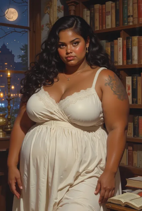 fat big large overweight heavy feminine beautiful young woman with chubby face dark brown tan tanned skin color and black eyes, (((long black curly side-parted hair))), (((black hair))), (((brown skin))), (((brown-skinned))), (((dark brown skin))), (((brow...