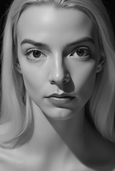 close-up black and white portrait of a blonde girl, detailed perfect face, perfect face model, longer eyebrows, finely detailed perfect face, thick eyebrows, large bushy eyebrows, perfect face, straight eyebrows, close-up perfect face, clean beautiful symm...