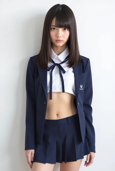 (masterpiece, detailed:1.2), best quality, very detailed body, ultra detailed, very detailed face, 1 japanese girl, standing in front of a white wall, school uniform, unbuttoned navy jacket, white blouse, expose abs, short navy skirt, (six pack abs:1.2)