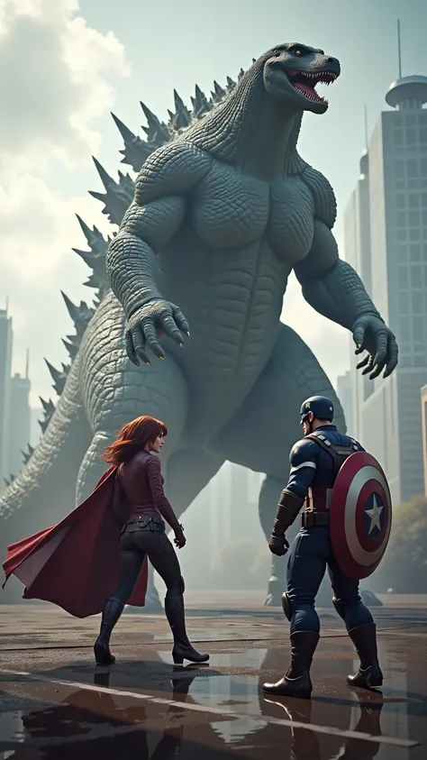 highdefinition picture、Marvel vs. DC Heroes Showdown、Black Widow and Captain America are flying to confront Big Godzilla