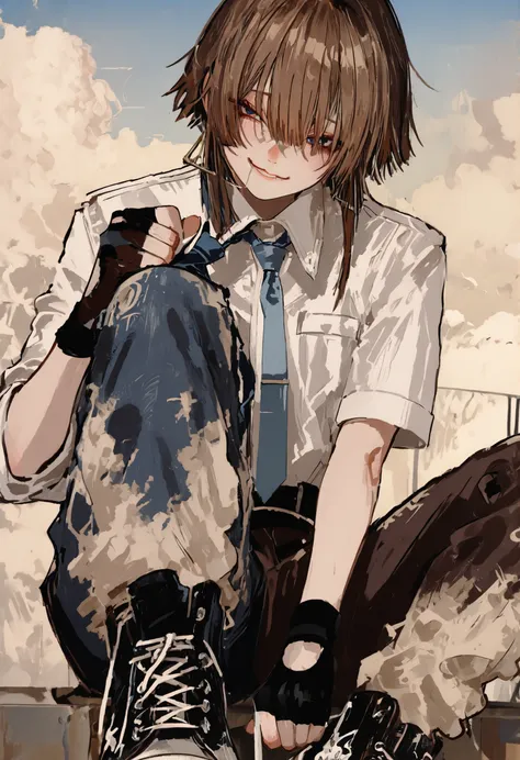 An androgynous, tomboyish character with very short, voluminous brown hair styled in a messy, uncombed wolfcut, marked by spiky layers and two front bangs that frame the face. She has blue eyes and a slightly mischievous, subtly uneven smile. Her outfit co...