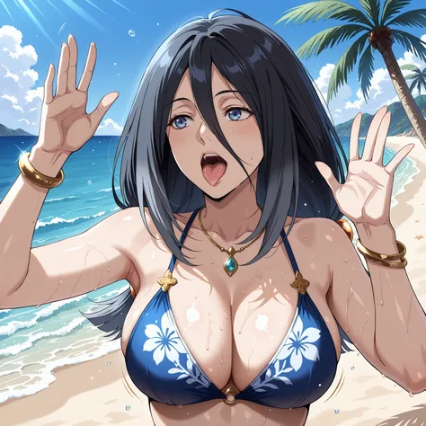Shildina, , a black-haired woman with hair between the eyes and deep blue eyes, Clear and smooth skin. Open mouth sticking out your tongue, raised hands. She wears a royal blue bikini with a flower design, drops of water run through your skin, highlighting...