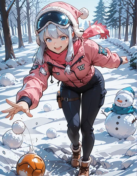masterpiece, Highest quality, super detailed, very aesthetic, HD, 8K, 1 girl playing with snowballs, girl style, striking hair with reflections, white hair, cabello largo, blue eyes, Sagiri Izumi , bold accessories,cinematographic composition, top angled v...