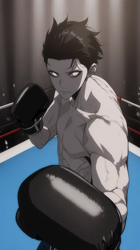 cinematic portrait of score_9, score_8_up, score_7_up,
  boxy, looking at viewer, topless male, closed mouth, boxing gloves. 85mm lens, f/1.8, dramatic side lighting, moody atmosphere, slicked back hair, spicky black hair, white eyes , Athletic body, slend...