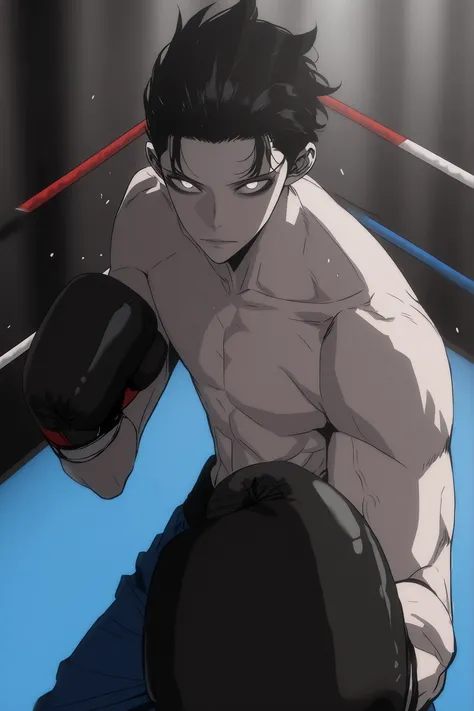 cinematic portrait of score_9, score_8_up, score_7_up,
  boxy, looking at viewer, topless male, closed mouth, boxing gloves. 85mm lens, f/1.8, dramatic side lighting, moody atmosphere, slicked back hair, spicky black hair, white eyes , Athletic body, slend...