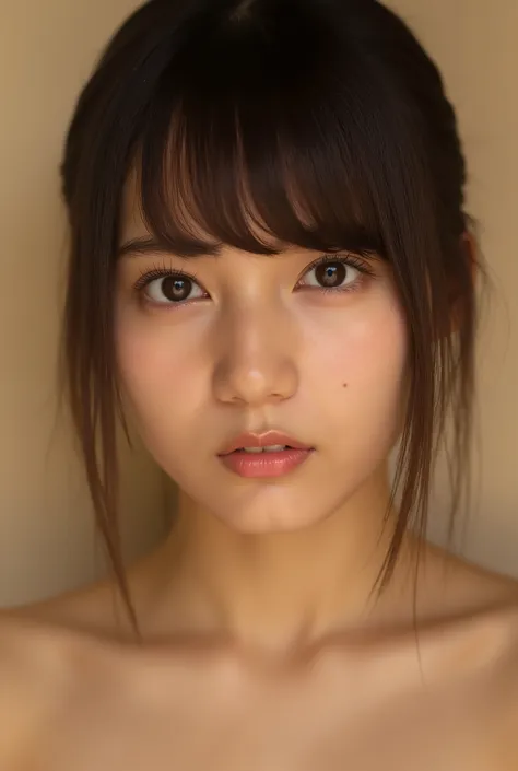 (masterpiece, detailed:1.2), best quality, very detailed body, ultra detailed, very detailed face, 1 japanese girl, naked, close-up face, beige wall, looking at viewer