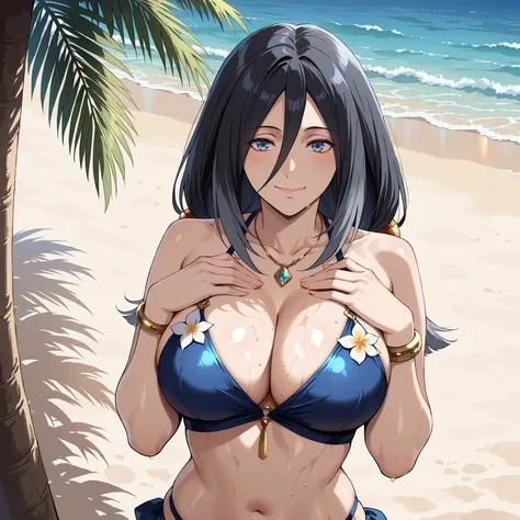 Shildina, , a black-haired woman with hair between the eyes and deep blue eyes, Clear and smooth skin. Cheerful laughter, hands on breasts. She wears a royal blue bikini with a flower design, drops of water run through your skin, highlighting her curvaceou...