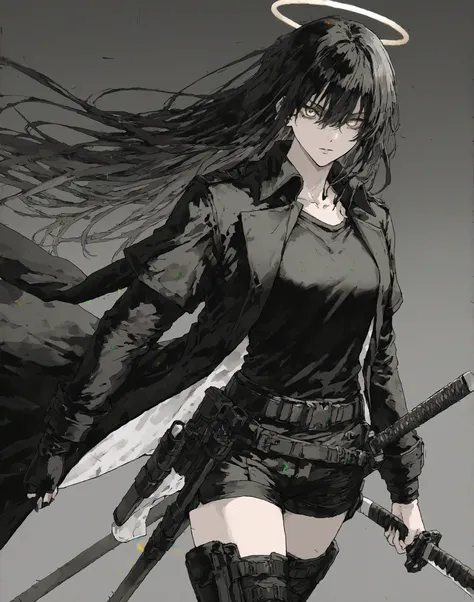 Combatant Outfit, black coat ,belt, Long Black Haired Female,black shirt, short pants that sell medicine, is holding a katana in her right hand,colorless background