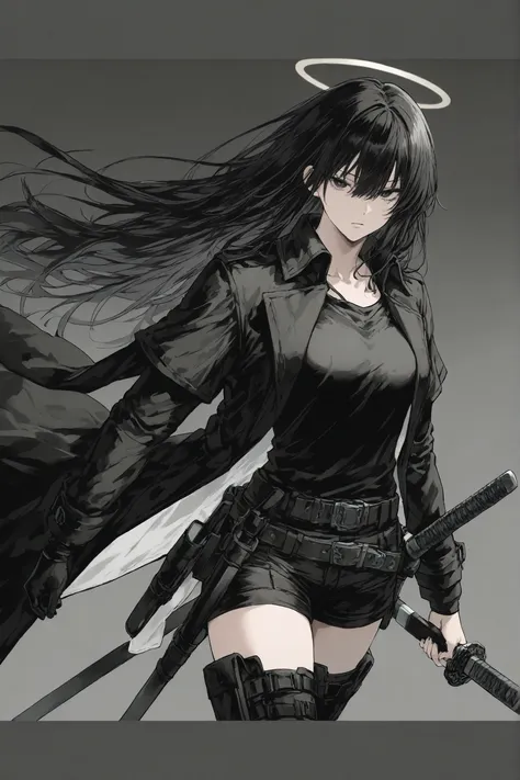 Combatant Outfit, black coat ,belt, Long Black Haired Female,black shirt, short pants that sell medicine, is holding a katana in her right hand,colorless background