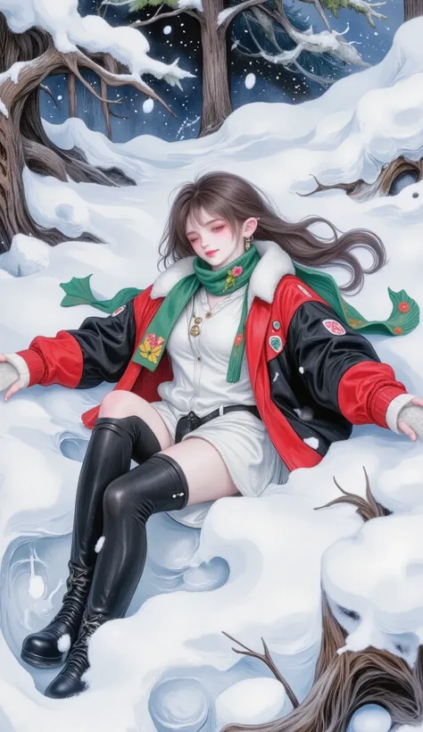 anatomically correct ,( beautiful snowy landscape , Beautiful full bodied girl , winter clothing, wool cap, neck scarf, wool mittens , she smiles cheerfully this very fun in the snow:1.5), ((manga style:1.51)), Linear , she is half profile , warm oute...