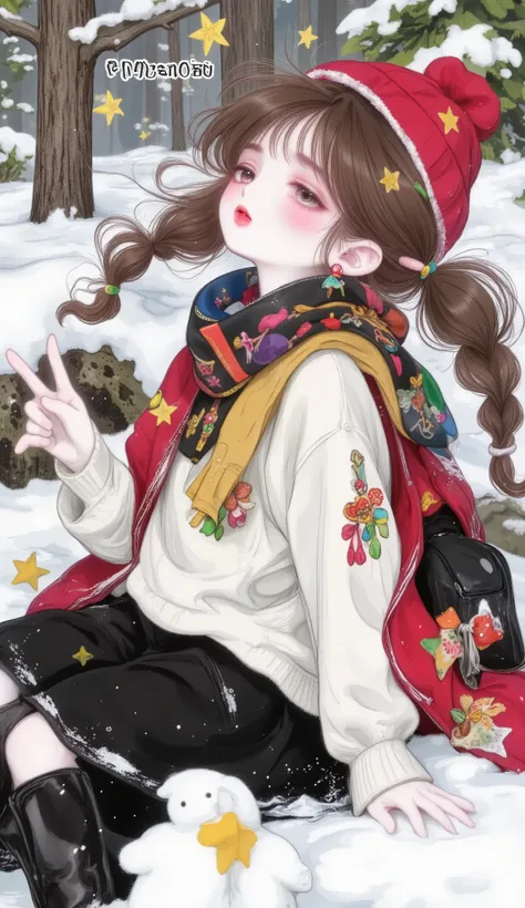 anatomically correct ,( beautiful snowy landscape , Beautiful full bodied girl , winter clothing, wool cap, neck scarf, wool mittens , she smiles cheerfully this very fun in the snow:1.5), ((manga style:1.51)), Linear , she is half profile , warm oute...