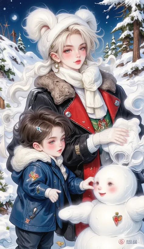 anatomically correct ,( beautiful snowy landscape , Beautiful full bodied girl , winter clothing, wool cap, neck scarf, wool mittens , she smiles cheerfully this very fun in the snow:1.5), ((manga style:1.51)), Linear , she is half profile , warm oute...
