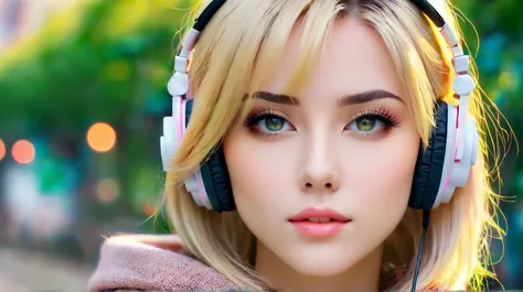 32k, brazil gir, 24 old l[4:1], blonde hair, with shoulder-length hair, have beautiful eyes., wearing fashionable clothes, match the color of the clothes., use headphones,  elaborate background, in the morning, blur background.