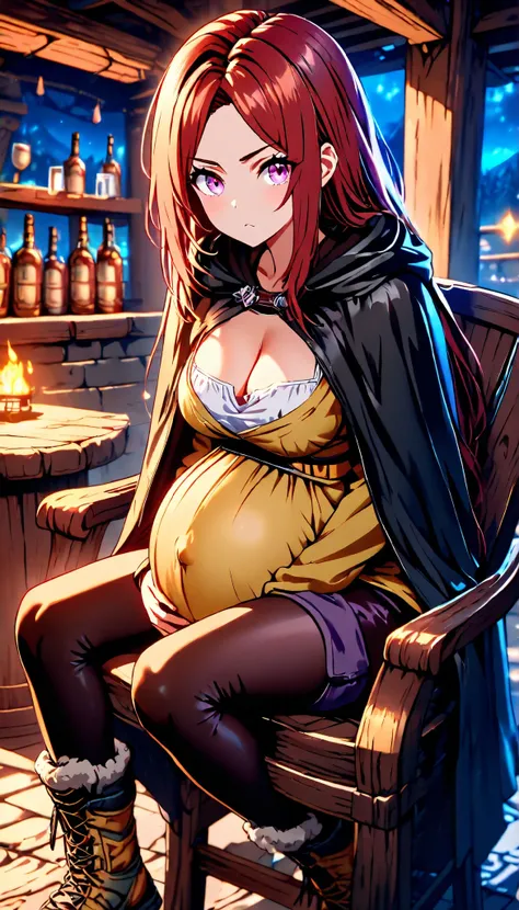 High Resolution, Best Quality, Super Detailed, Masterpiece, 4K, private tavern, night, 1girl, auburn hair, long hair, straight hair, pink eyes, medium breasts, bulging breasts, overflowing bust, pregnant, large round heavy belly, black cloak, yellow vest, ...