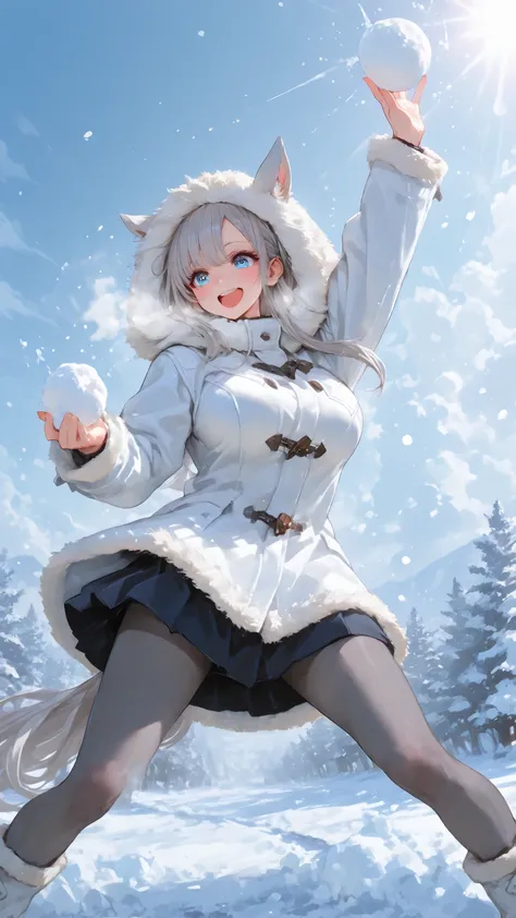 anime style, snowball fight, cheerful girl throwing snowball mid-motion, dynamic pose, snow scattering, big blue eye, large breast, grey haired (ponytailed), visible breath, winter clothing with fluffy hood, grey panty hose, bright expression, soft sunligh...