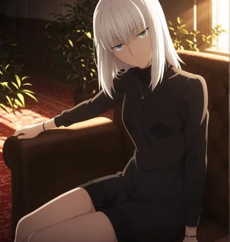 ufotable style ,masterpiece,best quality,good quality,newest, 8k, from side, from above,
indoors ,((cinematic light, sunlight, backlight)), (sitting ), (plant ,detailed background, mansion),parted lips, , 
expressionless, 
looking at viewer, head tilt, bra...