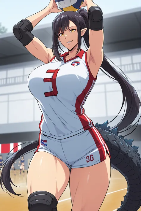 anime screencap, masterpiece, best quality, jin-ah, 1girl, adult Female, solo, yellow eyes, absurdly long hair, ponytail, sidelocks, pointy ears, Godzilla tail, Godzilla long tail, very long tail, black hair, nails claws, attractive face, strict attributes...