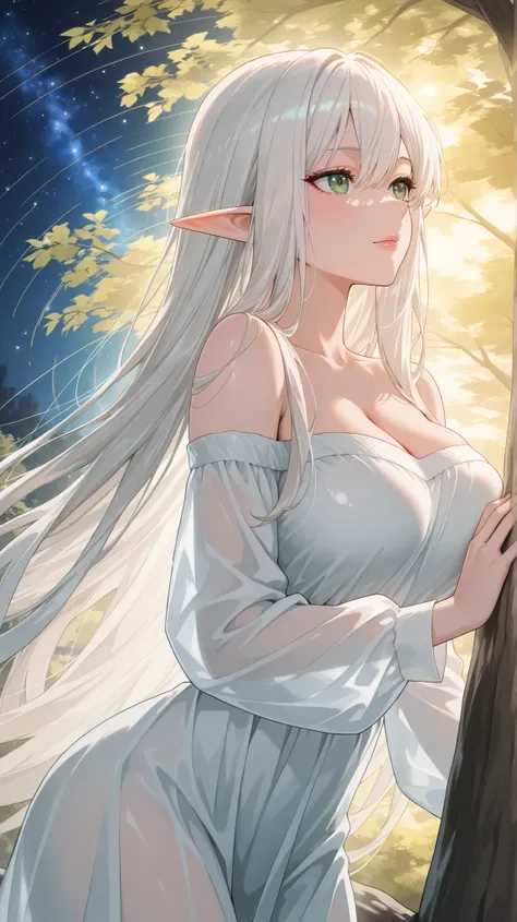 An elf girl bathes in a misty spring in the forest, her seated, she rests on a tree trunk turned, starry night rippling gently around her. big breasts, luxurious wlack dress, off-the-shoulder, sheer fabric at the neckline, long sleeves, lips slightly parte...