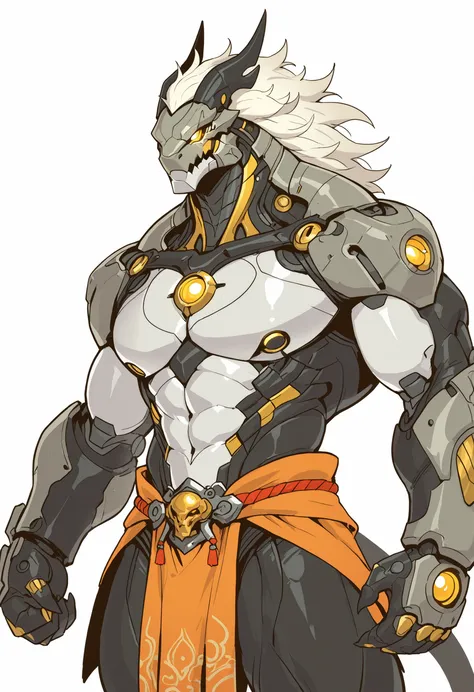 masterpiece, best quality, amazing quality, very aesthetic, 1 boy, dnd warforged, anthro, Banyue, fantasy, mechanical imitation of muscles, balanced physique, tail, mechanical detailed face, mechanical body, simple white background, colorless sketch, 